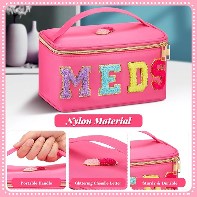 Geetery Clear Makeup Bag Chenille Letter Meds Bag Travel Cases Preppy Patch with Zipper, Portable Cosmetic Toiletry Storage case for Women(Meds,Rose Red)