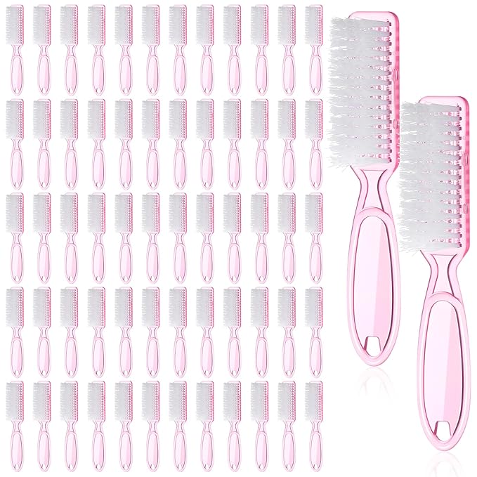 60PCS Handle Grip Nail Cleaning Brushes, Hand Fingernails Scrubber Brushes Pedicure Dust Brush Manicure Tools for Women Men Home Salon Nail Foot Toes Cleaner (Clear Pink)