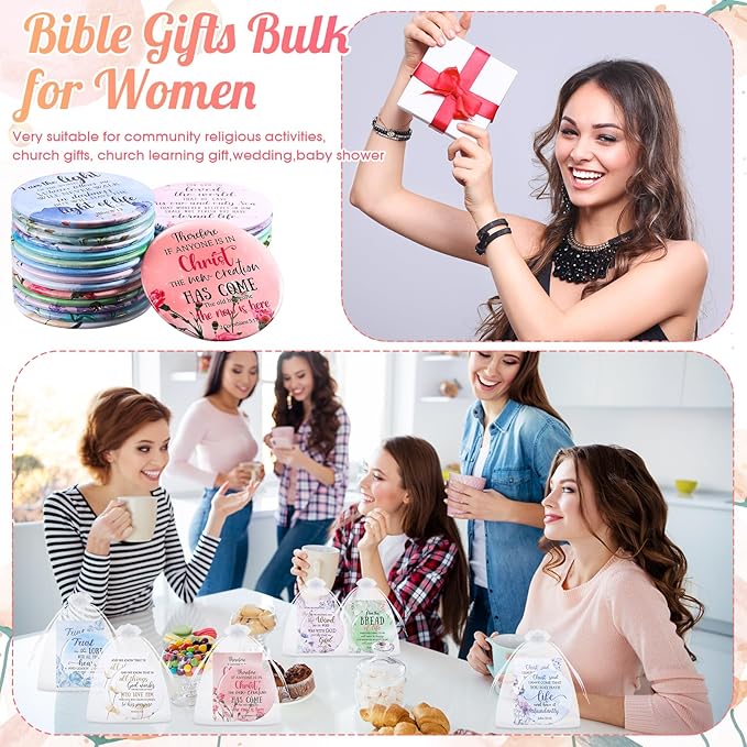 48 Sets Christian Gifts for Women Bible Verse Compact Mirror with Card Bag Inspirational Pocket Makeup Mirror Galentine Valentine Gifts for Mother Church Group Sunday School(Flower Color)