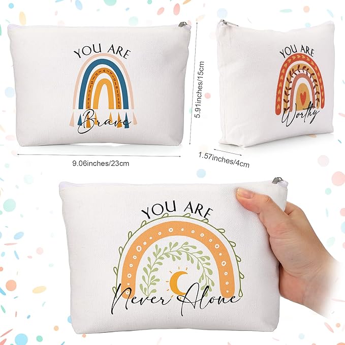 Coume 10 Pcs Valentines Canvas Makeup Bags Bulk, Inspirational Quotes Cosmetic Zipper Encouragement Travel Pouch Toiletry Bag Women Teacher Friend Birthday Gift(Multicolor,Rainbow)