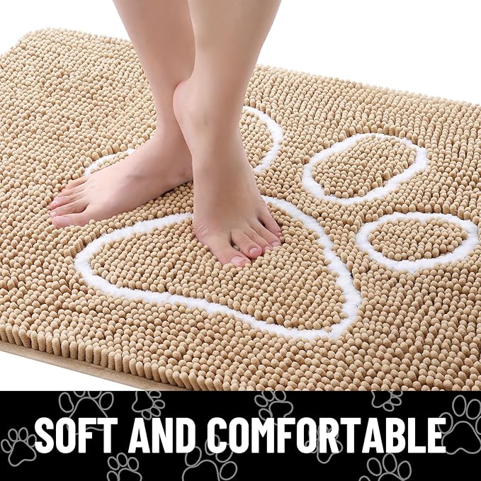 Smiry Dog Door Mat for Muddy Paws, Absorbent Dirt Trapper Non Slip Quick Dry Washable Chenille Mat for Mud Dogs, Entry Rug for Indoor and Outdoor (59x20 Inches, Beige and White)