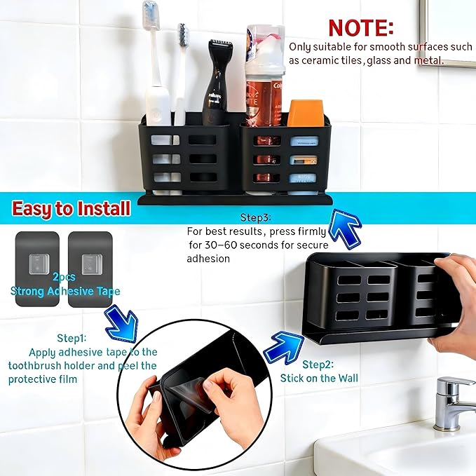 Aluminum Toothbrush Holder, Self-Adhesive Wall Mount Bathroom Organizer for Toothbrush, Razor, Comb & Toothpaste (Black)