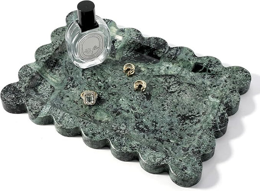 Koville Scalloped Marble Tray, 11"x8" Marble Vanity Tray for Countertop Bathroom Kitchen Dresser, Natural Stone Tray for Jewelry Perfume Home Decor, Decorative Catchall Trays(Green)