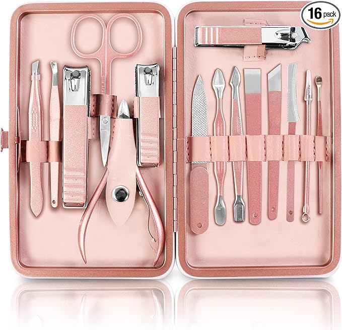 Utopia Care - Manicure Kit for Women and Men, Manicure Set with Nail Clippers or Nail Kit Includes Fingernail & Toenail Clippers,16Pcs Pedicure Kit Stocking Stuffers with Travel Case - Pink