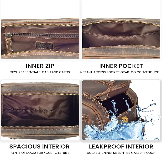 LEATHER VILLAGE Genuine Leather Toiletry Travel Pouch With Waterproof Lining - Brown | King-Size Handcrafted Vintage Dopp Kit Bag, Shaving & Bathroom Organizer, Gift for Men & Women