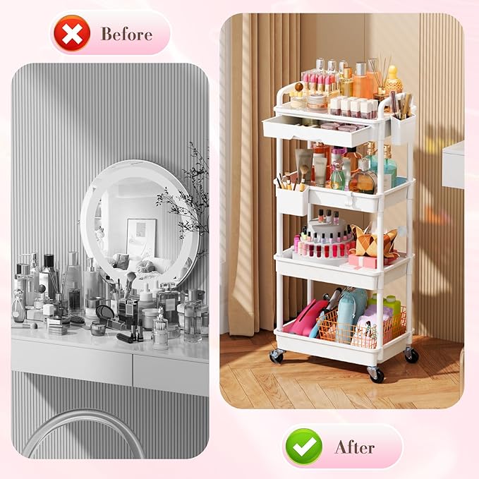 Makeup Cart Organizer with Drawers, 4 Tier Floor Skincare Organizers for Vanity, Rolling Makeup Bathroom Storage Cart Cosmetics Display Cases for Skin Care Perfume Nail Polish, White