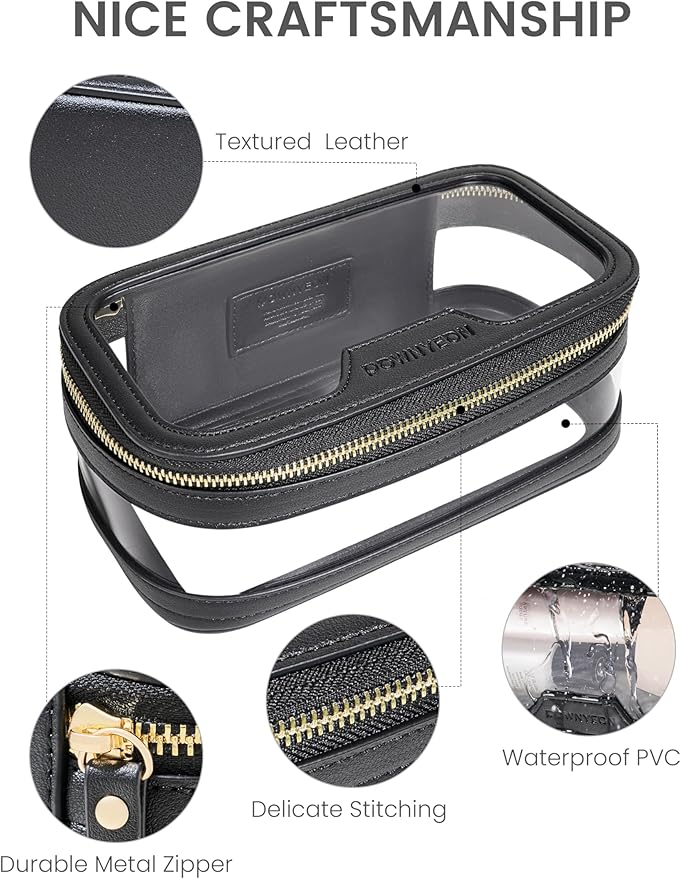 ROWNYEON Waterproof Toiletry Organizer Train Case, CLear Travel Makeup Bag for Women，Transparent Cosmetic Bag，Portable Makeup Case Organizer (black)