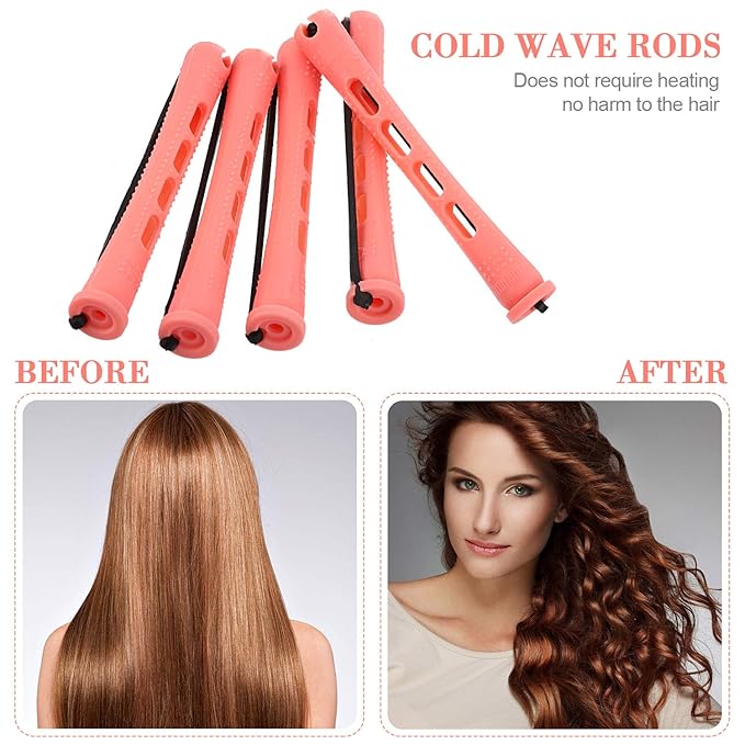 WILLBOND 96 Pcs Hair Perm Rods Plastic Cold Wave Perming Rod for Short Long Hair Curlers Heatless Roller with 2 Steel Pintail Rat Tail Comb for Hairdressing Styling Tool(0.51 Inch/ 1.3 cm,Pink)