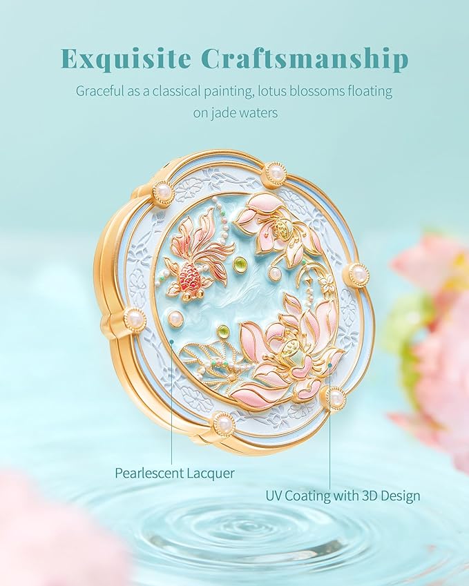 Lotus Bloom Compact Mirror, Small 2X Magnifying Makeup Mirror for Purse Pocket, Mini Portable Folding Blue Mirror, Chinese Style Gift for Women Girls