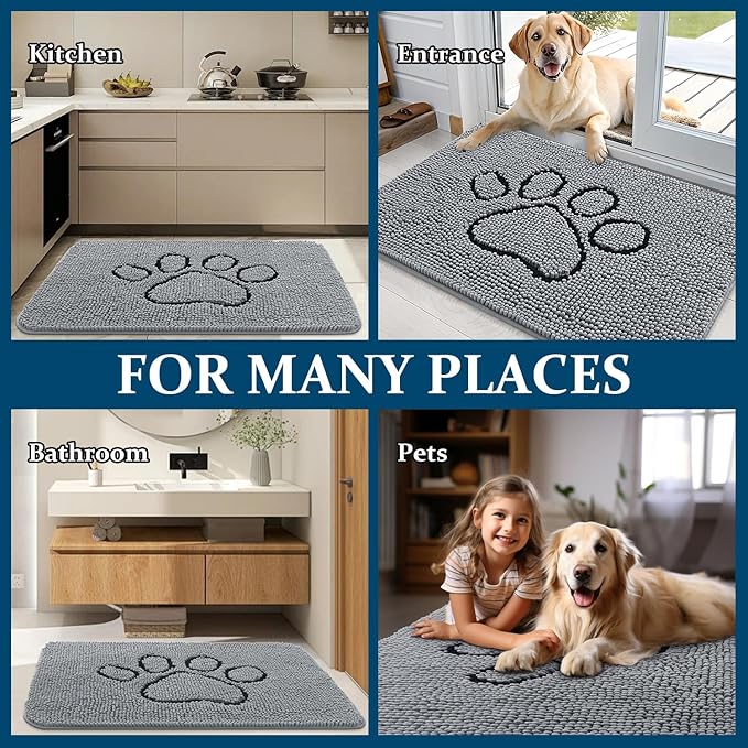 OLANLY Dog Door Mat for Muddy Paws 36x24, Paw Print Design, Absorbs Moisture and Dirt, Absorbent Non-Slip Washable Doormat, Quick Dry Chenille Mud Mat for Dogs, Entry Indoor Entryway Carpet, Grey