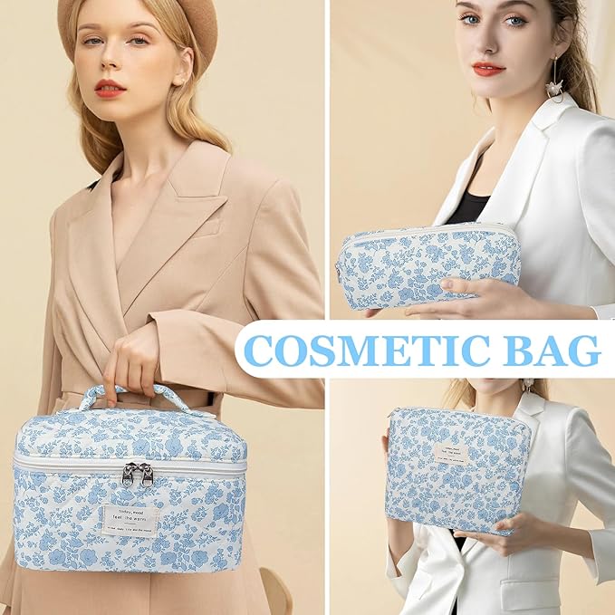 3PC Makeup Bag Set, Quilted Makeup Bag Set, Large Floral Cosmetic Bag for Women, Cute Cotton Makeup Bags, Flower Travel Toiletry Organizer Bag (White Pink Bow Tie)