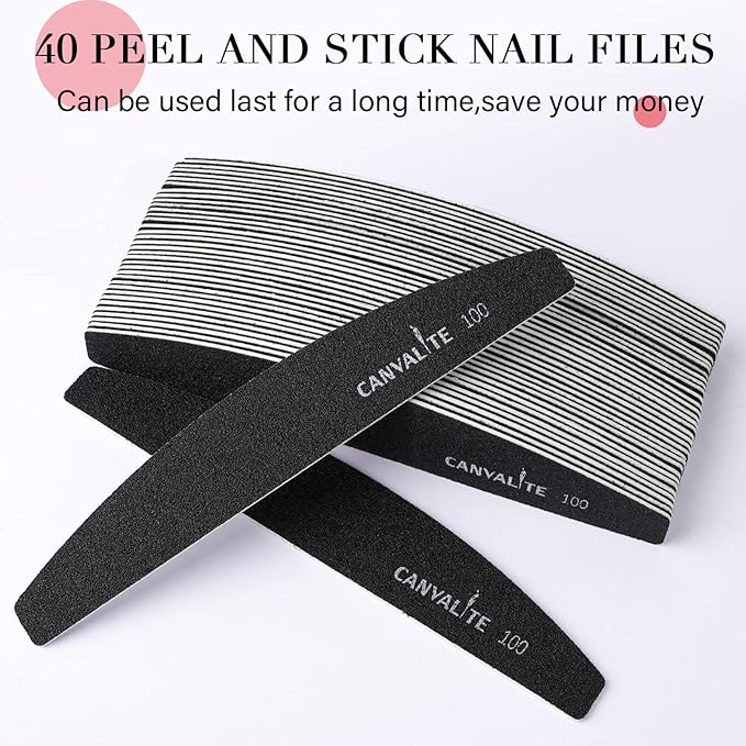 Canvalite 40 PCS Nail File Professional Reusable Peel and Stick Nail Files Replaceable Emery Boards 100 Grit Fingernail Files Manicure Tools for Home and Salon Use