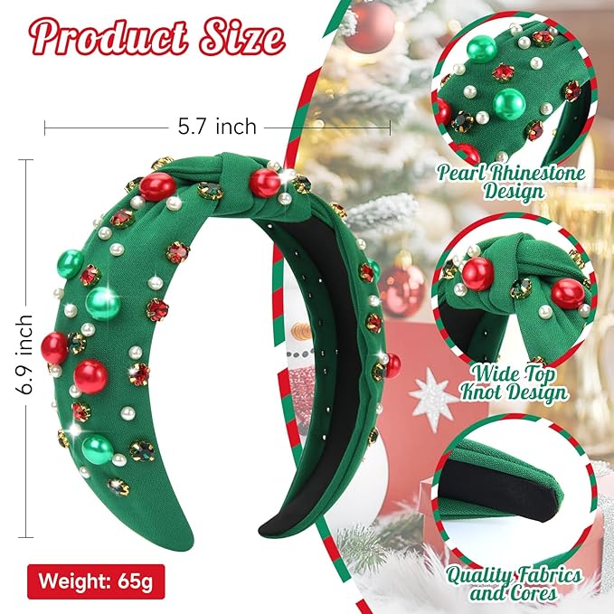 2 Pcs Christmas Headband for Women Pearl Knotted Headband Red Green Pearl Rhinestone Crystal Jeweled Hairbands Fashion Ladies Hair Band Hair Hoop Accessories Holiday Outfits Headpiece (Green)
