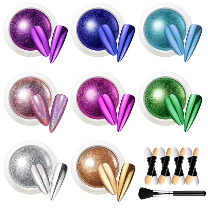 beetles Gel Polish 8 Colors Chrome Powder for Nails Pink Purple Blue Green Silver Golden Rainbow Nail Powder 2024 Mirror Effect Manicure Art Decoration Powder Holographic Pigment Gift for Women