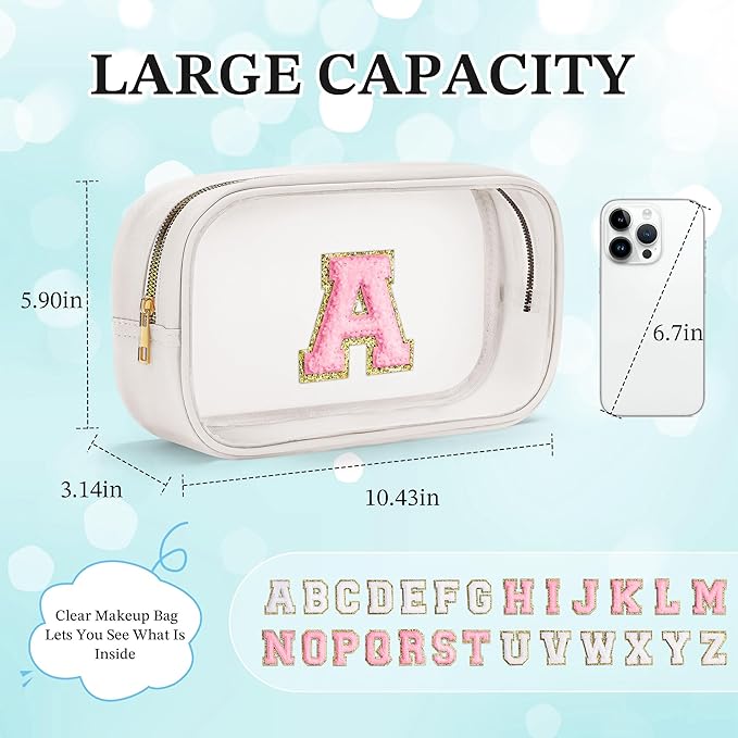 YOOLIFE Initial Make Up Bag Travel Toiletry Bag, Clear Makeup Bag Preppy Stuff Travel Essentials Pink Gifts for Women Teen Girlfriend Teacher Mom Birthday Valentines Gifts for Her Wife White A