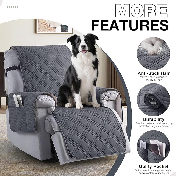 TAOCOCO 100% Waterproof Recliner Chair Covers, Non Slip Recliner Covers for Recliner Chair with Pocket, Washable Reclining Chair Cover Furniture Protector for Kids,Dogs(22'', Dark Grey)