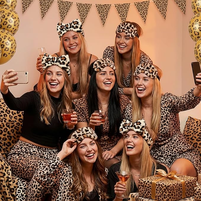 Hoteam 10 Pcs Galentine Spa Party Supplies Valentine Gift Set Sleepover Party Favor Spa Headband Wristband Sleep Eye Mask Velvet Scrunchies for Skin Care Makeup Slumber Night Favor(Leopard Print)