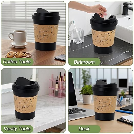 Soddeph Plastic Mini Trash Can with Swing-Top Lid, 0.9 Gallon Desktop Waste Bin for Coffee Table, Office, Small Countertop Wastebasket for Counter, Vanit (Black, Small)