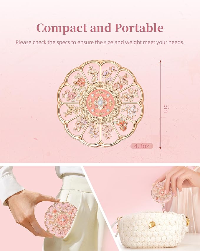 Twelve Flower Goddesses Compact Mirror, Mini Makeup Mirror with Small 2X Magnifying, Portable Double Sided Pocket Mirror for Purse, Pink Gifts for Women Girls