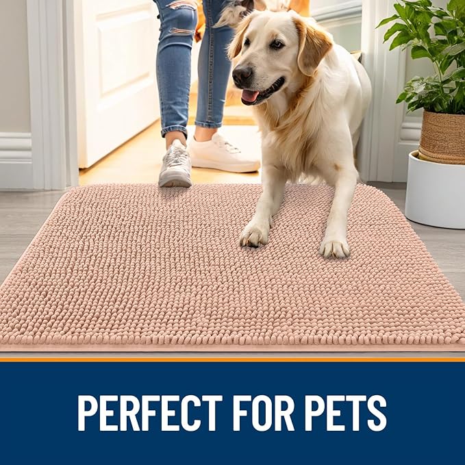 OLANLY Dog Door Mat for Muddy Paws 40x24, Absorbs Moisture and Dirt, Absorbent Non-Slip Washable Doormat, Quick Dry Chenille Mud Mat for Dogs, Entry Indoor Entryway Carpet for Inside Floor, Peach
