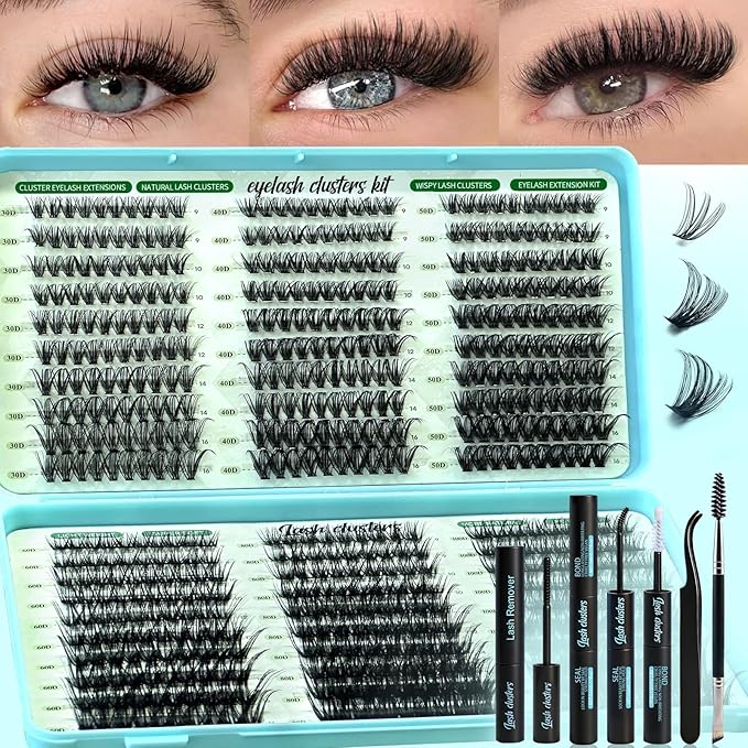 Wispy Lash Clusters Kit, D Curl Lashes Clusters Natural Look 9-16mm Individual Super Thin Band DIY Cluster Eyelash Extensions Kit with Bond Seal Tweezers Brush Remover (30D–100D Mix)