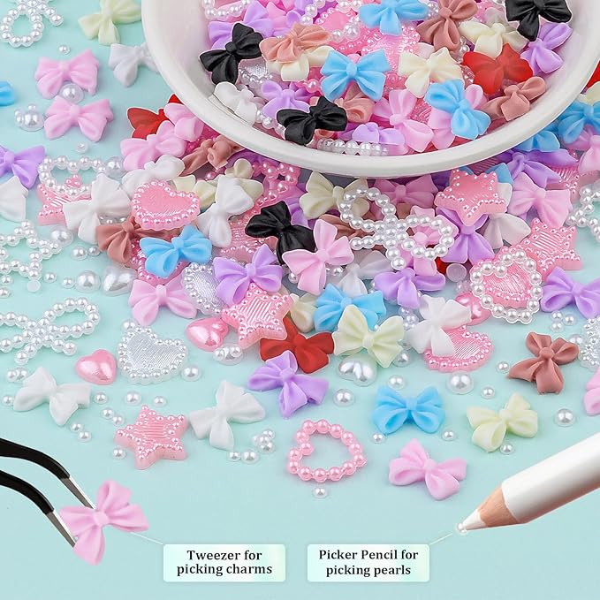 600 Pcs 3D Nail Charms and Flatback Pearls Set 5, 8 Colors Nail Bows Charm + Pink&White Star Heart Moon Cute Nail Jewels + 2-4mm White Nail Pearls for Nail Art DIY Decoration with Pickup Tools
