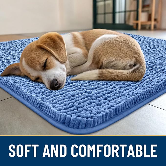 Smiry Dog Door Mat for Muddy Paws 30x20, Absorbs Moisture and Dirt Doormat, Non-Slip Washable Quick Dry Chenille Front Door Mat Indoor Entrance, Entryway Carpet for Inside Floor, Cornflower Blue