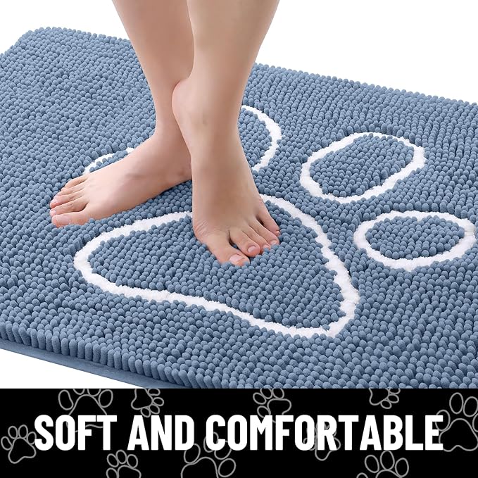 Smiry Dog Door Mat for Muddy Paws, Absorbent Dirt Trapper Non Slip Quick Dry Washable Chenille Mat for Mud Dogs, Entry Rug for Indoor and Outdoor (59x35 Inches, Airy Blue and White)