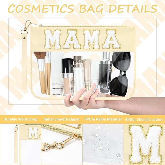 2 Pcs Preppy Patch Clear Mama Bag, Women Chenille Letter Makeup Cosmetic Bag for Travel, PVC Waterproof Organization Outdoor Zipper Pouch Toiletry Bag for Women Girl