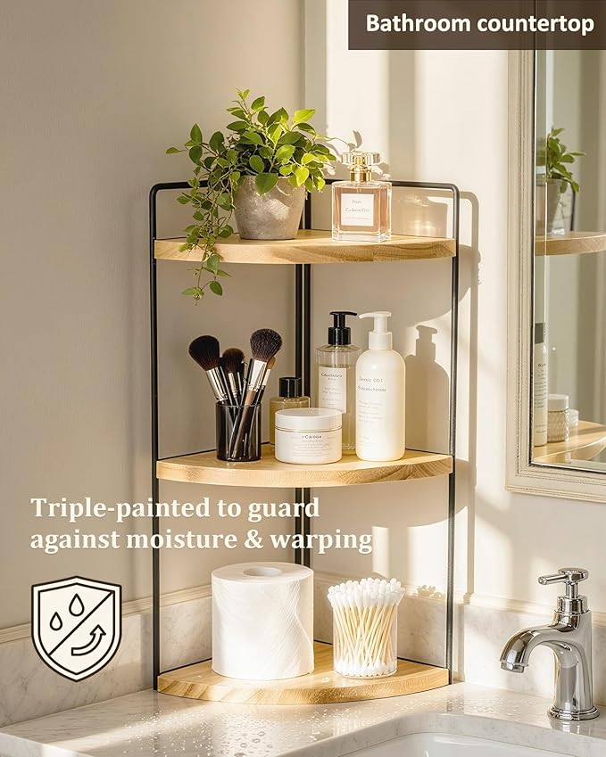 3-Tier Bathroom Corner Counter Organizer, Solid Wood Countertop Organizer, 3-Coat Waterproof Paint & Sturdy Metal Frames | Space-Saving Vanity Storage for Toiletries/Cosmetics (Natural)