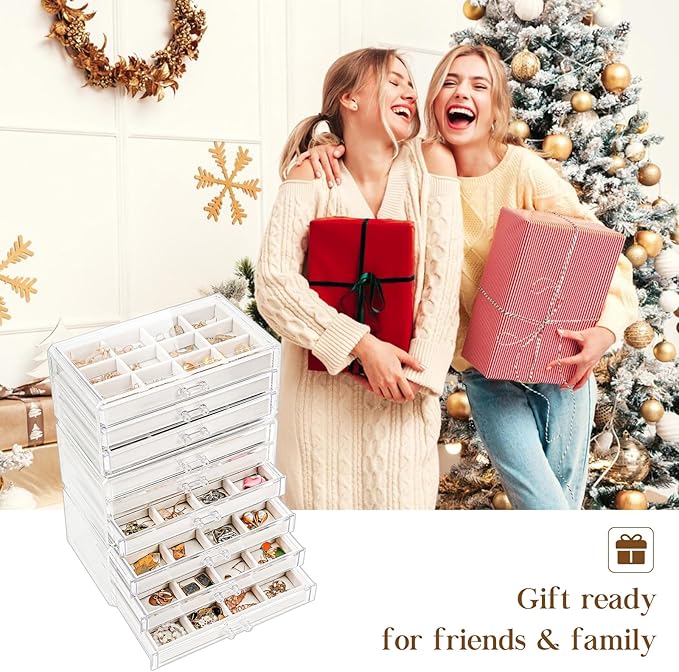 Lolalet Earring Holder Organizer Box Jewelry Storage with 9 Drawers, Clear Acrylic Stackable Earring Case with Adjustable Velvet Trays for Women on Dresser Vanity -Warmwhite, 9 Layers
