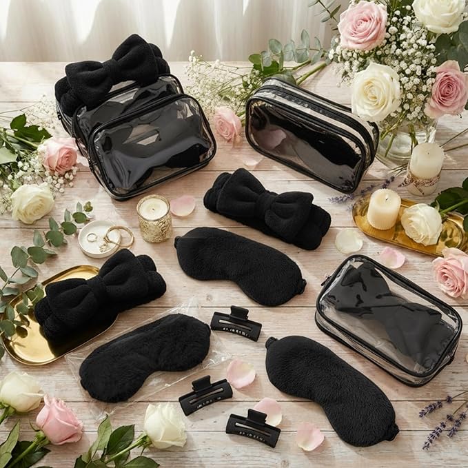 Hoteam 24 Pcs Galentine Spa Party Favors Supplies 6 Spa Headband 6 Plush Sleep Eye Mask 6 Hair Claw Clips 6 Clear Cosmetic Bags for Adult Sleepover Slumber Party Valentine Gift(Black)