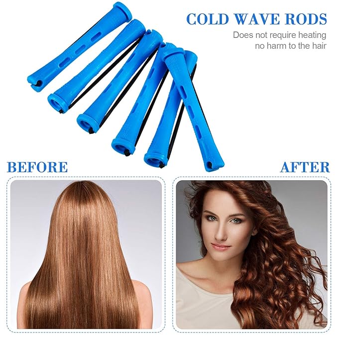 WILLBOND 60 Pcs Perm Rods for Short Long Hair Plastic Cold Wave Perming Curlers Small Hair Curling Rollers with Steel Pintail Rat Tail Kit for Women Hairdressing Styling Supplies(0.35 Inch,Blue)