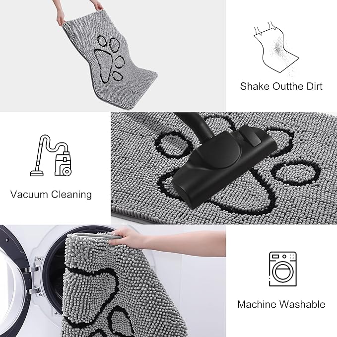 Smiry Dog Door Mat for Muddy Paws, Absorbent Dirt Trapper Non Slip Quick Dry Washable Chenille Mat for Mud Dogs, Entry Rug for Indoor and Outdoor (54x24 Inches, Grey and Black)
