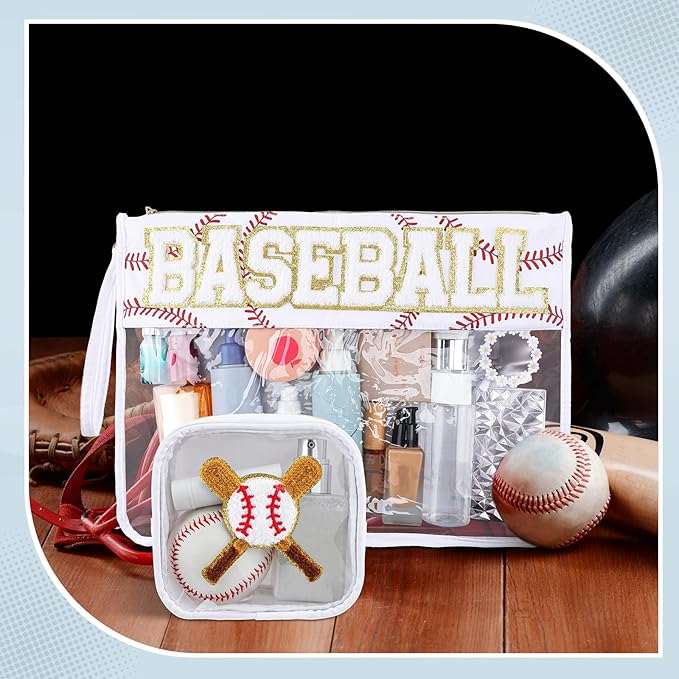 Hillban 2 Pcs Baseball Gifts Snack Bags Makeup Cosmetic Bag Clear Chenille Letter Zipper Pouch Toiletry Purse Baseball Accessories Stuff Sport Portable Travel Cases for Mom Women Girl Team
