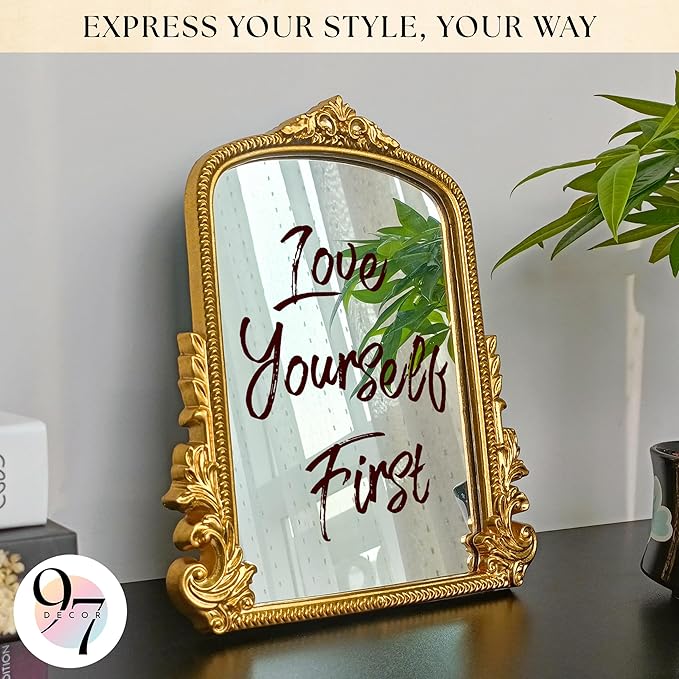 97 Decor Gold Vintage Wall Mirror - Small Gold Mirror for Tabletop and Wall Hanging, Antique Arch Frames for Desk, Small Decorative Mirrors Frame for Home Bedroom, Makeup Room Decor (11.8x9.6 Inch)