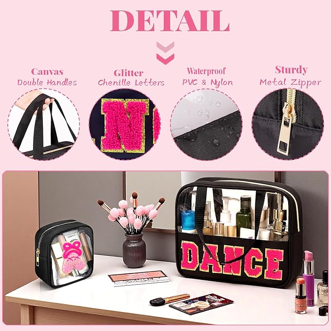 2 Pcs Chenille Letter Bags for Dance Recital Gifts Small Ballet Dance Makeup Bag with Handle and Zipper Waterproof Nylon Portable Toiletry Bag, Dance Competition Must Haves