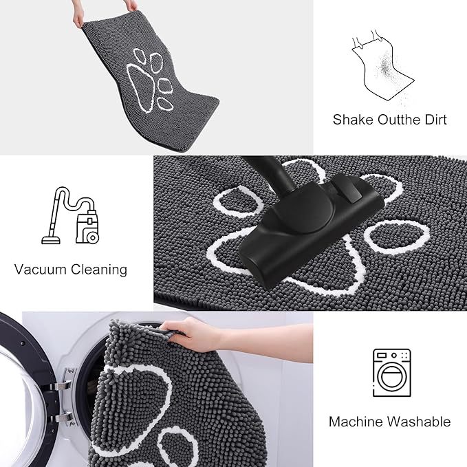 Smiry Dog Door Mat for Muddy Paws, Absorbent Dirt Trapper Non Slip Quick Dry Washable Chenille Mat for Mud Dogs, Entry Rug for Indoor and Outdoor (44x24 Inches, Dark Grey and White)