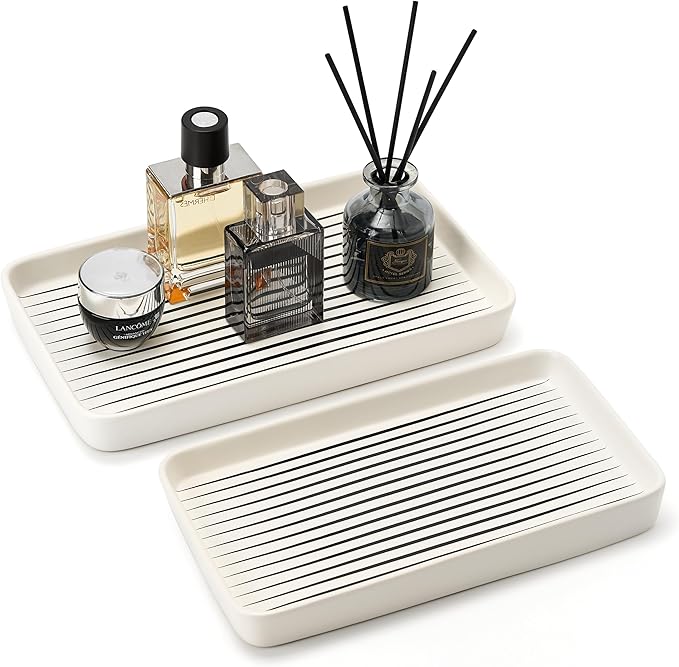 Pottify Bathroom Vanity Tray for Countertop,2PC Rectangle Striped Tray,Decorative Bathroom Organizer for Scrubber, Lotion Bottles, Perfume, Jewelry, Candle, Key Trinket Ring(Large,White)