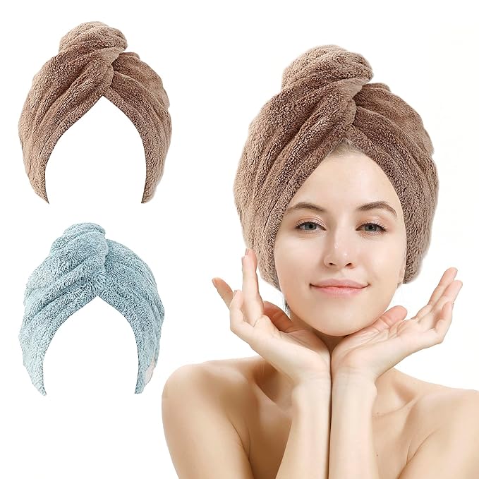 2 Pack Hair Drying Towels, Hair Wrap Towels,Absorbent Microfiber Hair Towel Turban with Button Design to Dry Hair Quickly(Star Green&Camel)