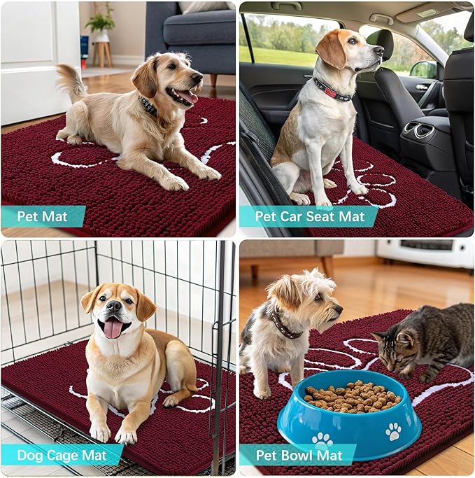 OLANLY Dog Door Mat for Muddy Paws 70x46, Paw Print Design, Absorbs Moisture and Dirt, Absorbent Non-Slip Washable Doormat, Quick Dry Chenille Mud Mat for Dogs, Entry Indoor Entryway Carpet, Burgundy