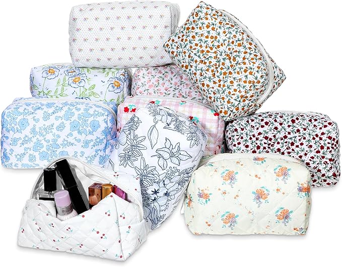10 Pcs Cotton Floral Quilted Makeup Bags, Aesthetic Cosmetic Bags Portable Floral Makeup Pouch with Zipper Make Up Organizer for Women Travel Gifts