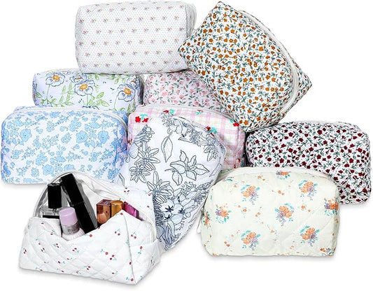 10 Pcs Cotton Floral Quilted Makeup Bags, Aesthetic Cosmetic Bags Portable Floral Makeup Pouch with Zipper Make Up Organizer for Women Travel Gifts