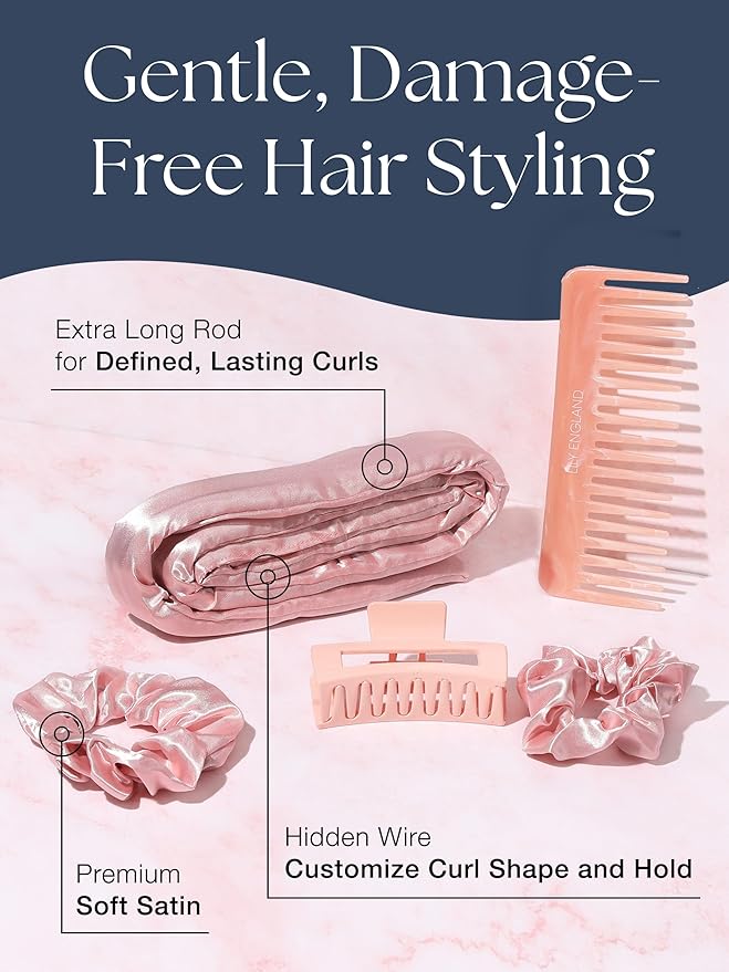 Lily England Heatless Hair Curlers to Sleep In - No Heat Curling Gift Set Includes Satin Headband, Hair Clip, Comb & 2 Scrunchies - Sleek & Smooth Overnight Curls (Pink, 5 Pack)