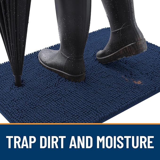 OLANLY Dog Door Mat for Muddy Paws 24x16, Absorbs Moisture and Dirt, Absorbent Non-Slip Washable Doormat, Quick Dry Chenille Mud Mat for Dogs, Entry Indoor Entryway Carpet for Inside Floor, Dark Blue