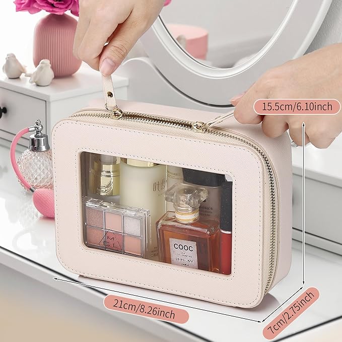 Clear Makeup Bag Women's Waterproof Travel Cosmetic Case and Toiletry Bag Portable Makeup Organizer Bag Car Essential with Zipper (Beige, M-1)