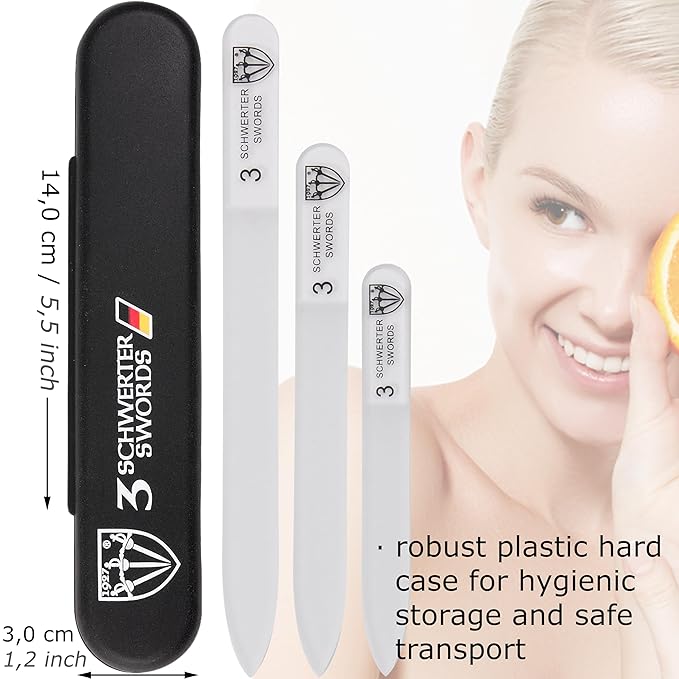 3 Swords Germany - Brand Quality Glass Nail File Set, 3 Pieces, Perfect for Natural Fake Gel Artificial Acrylic fingernail, incl. Black Plastic case
