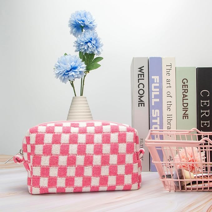 PAZIMIIK Checkered Makeup Bag for Purse Portable Zipper Make Up Pouch Small Cosmetic Case for Travel Accessories (2PCS Pink)