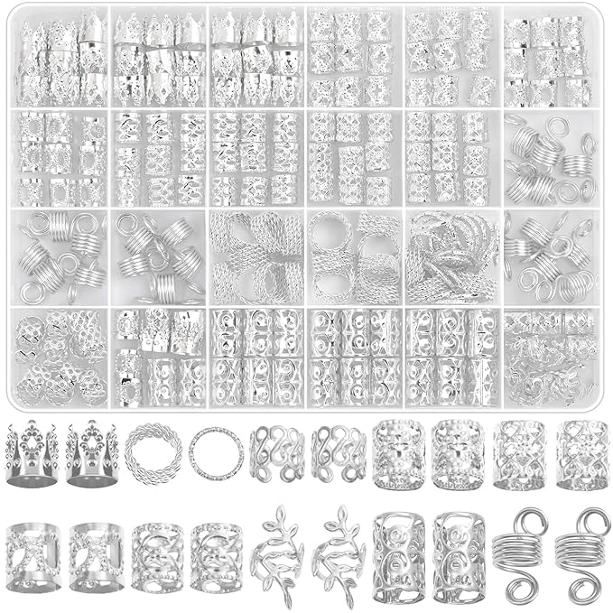Lucomb 220 Pcs Silver Hair Jewelry for Braids, Loc Jewelry for Hairs Dreadlock, Hairs Charms for Women, Metal Braid Rings Cuffs Clips for Dreadlock Accessories Hair Braids Accessories Decorations