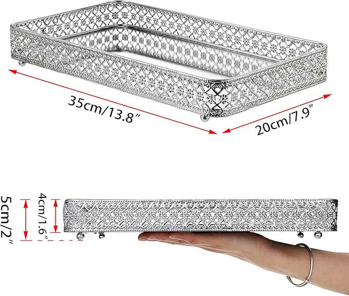 ELLDOO Perfume & Makeup Mirror Tray - Silver Metal Organizer for Dresser & Bathroom Countertop, Hollow-Carved Design Jewelry Storage Large Size 13.8" x 7.9"